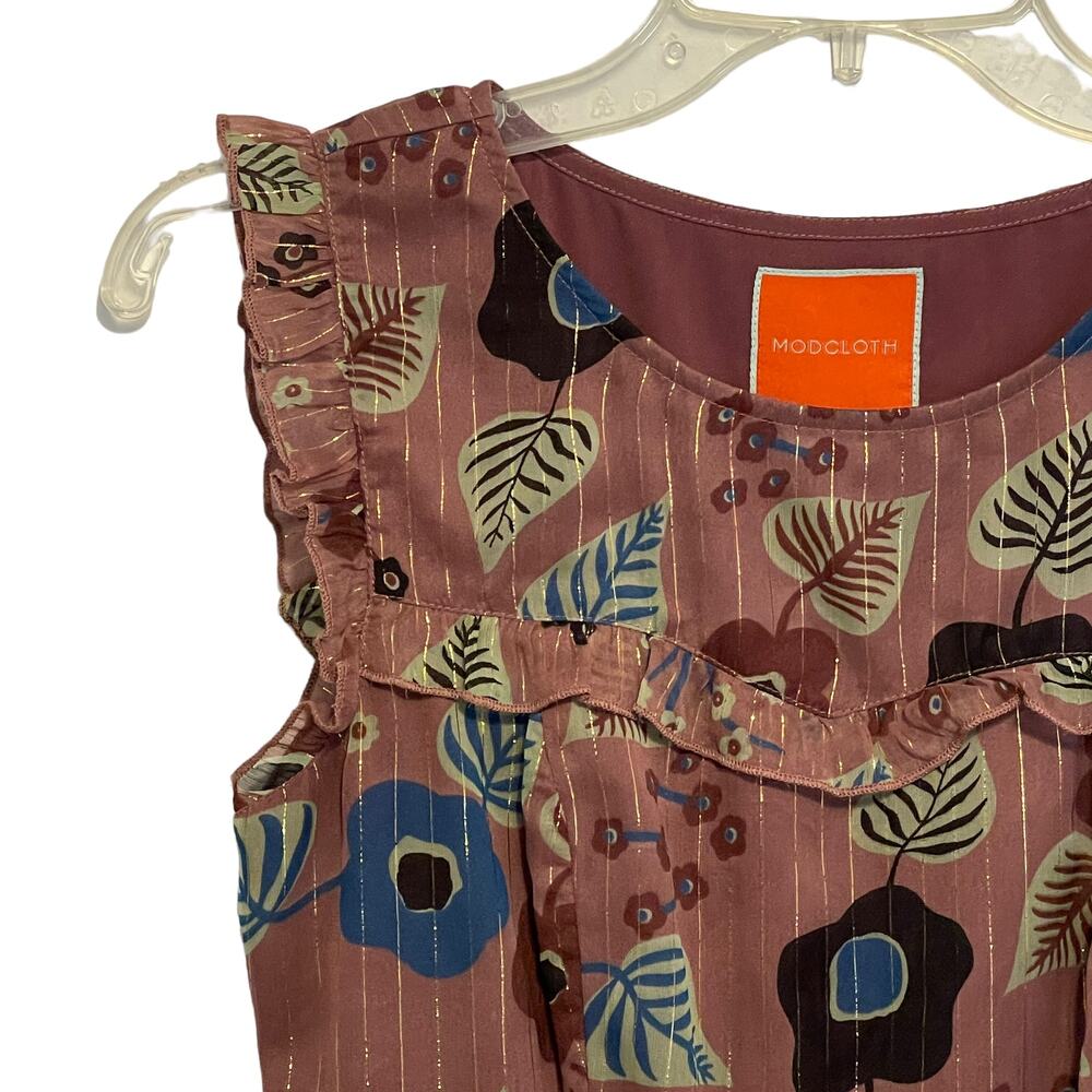 Modcloth Ruffled Floral Midi Dress Womens Small Mauve Purple Metallic Tiered - Picture 3 of 13